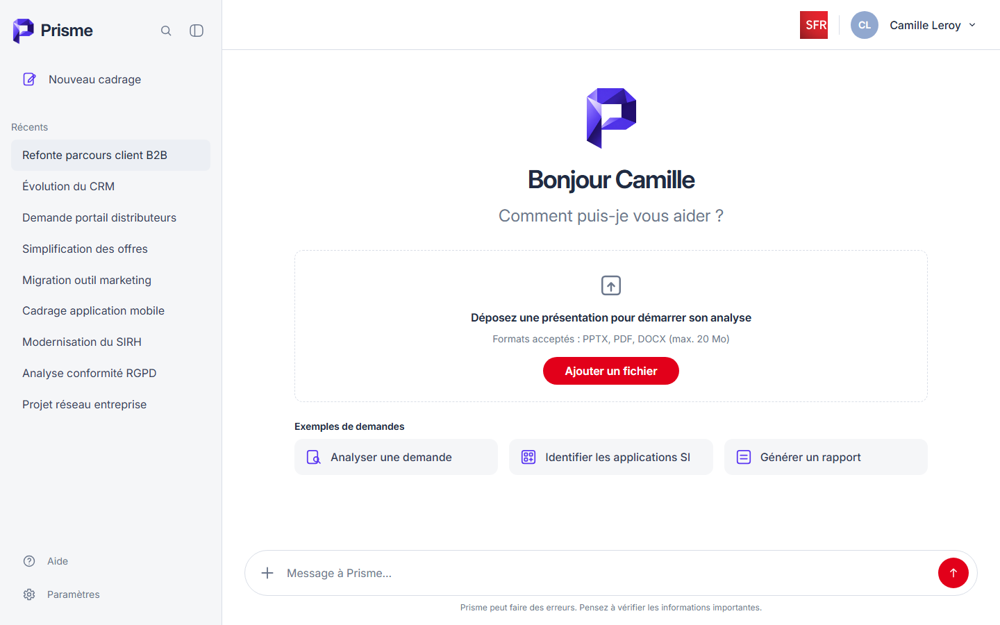 Interface desktop de Prisme présentant l’historique des cadrages, le dépôt d’une présentation et plusieurs exemples de demandes.