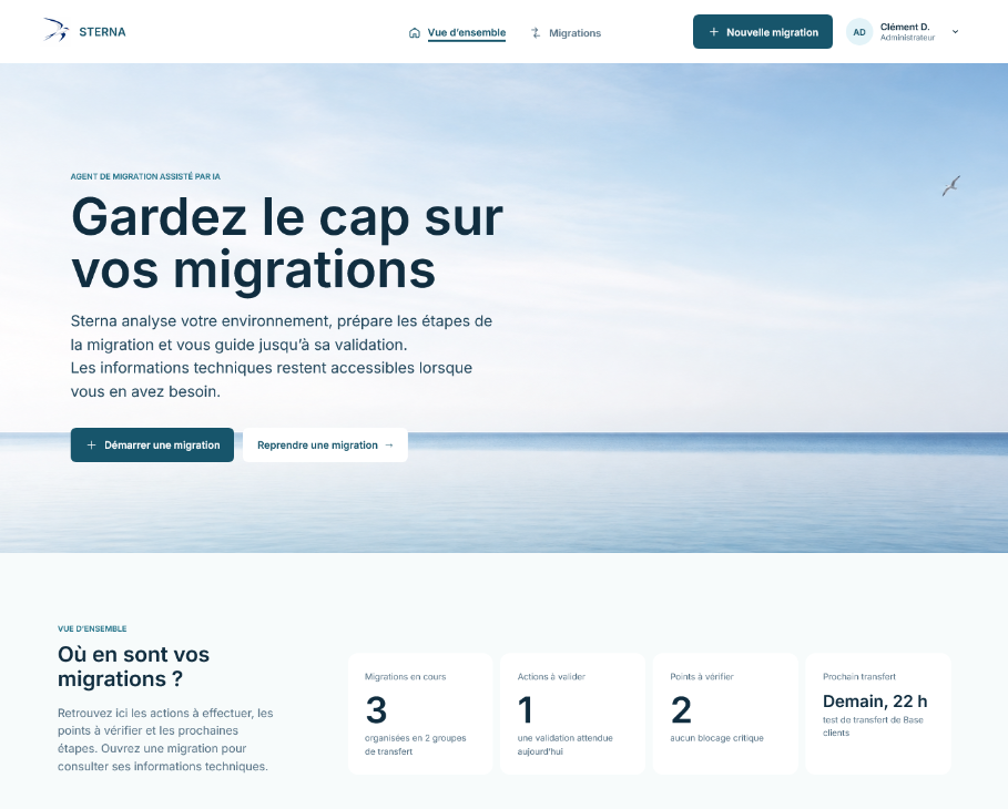 Interface Sterna présentant la préparation et le pilotage d’une migration cloud.